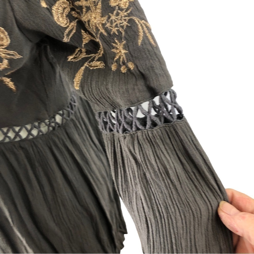 En Crème Popover Top Dress Women M Gray with Gold Metallic Thread Embroidery - Picture 5 of 11